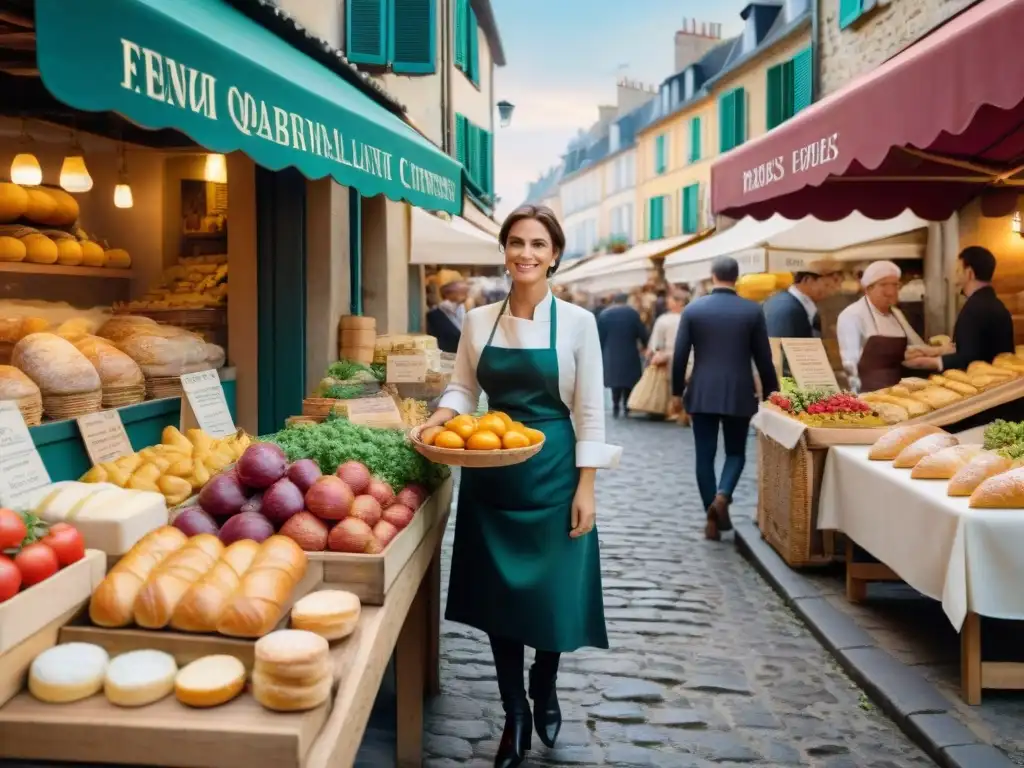 Mercado francés bullicioso con productos frescos y pan recién horneado