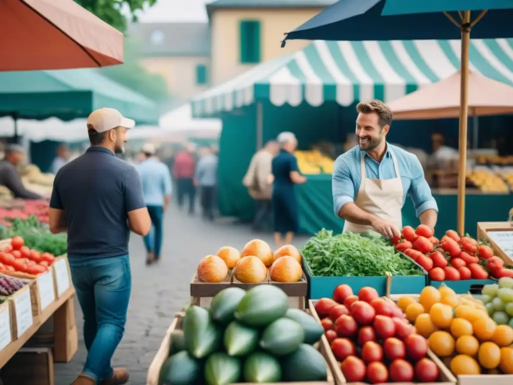 Mercado francés bullicioso con productos frescos y coloridas flores