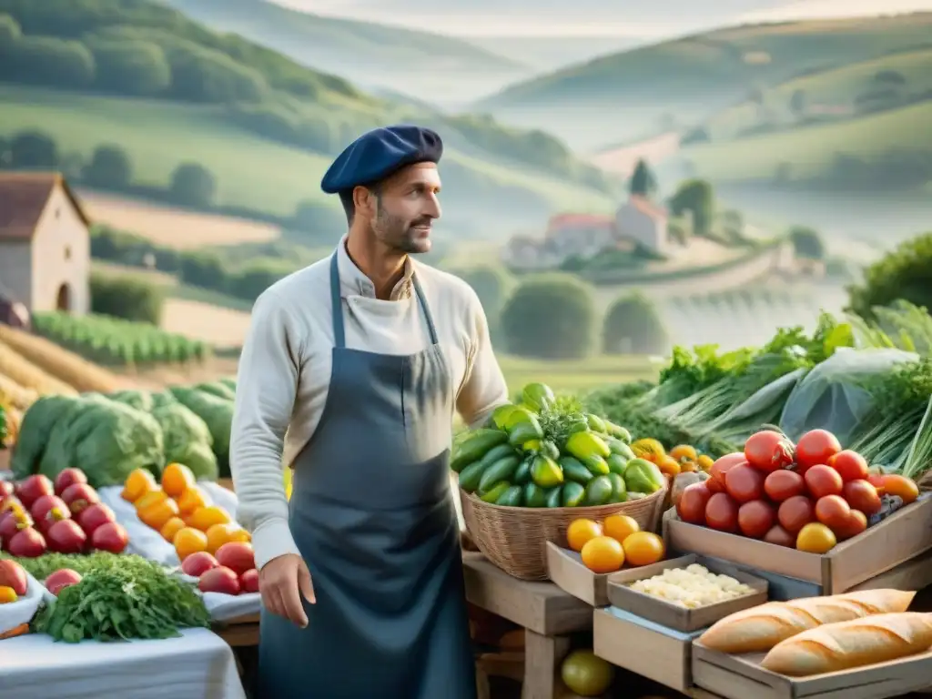 Un mercado francés bullicioso al amanecer, con productos frescos y locales