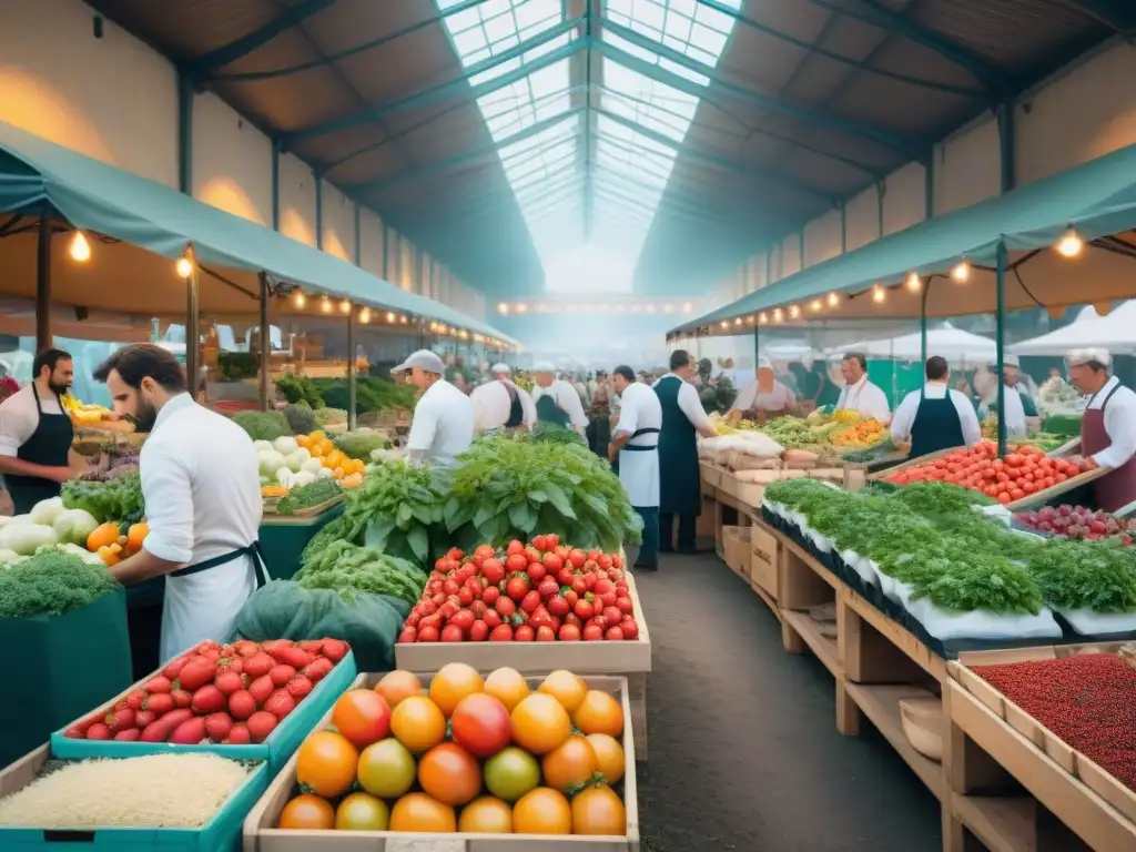 Un mercado francés bullicioso con productos frescos, chefs seleccionando ingredientes para Cocina francesa sostenible y diversa