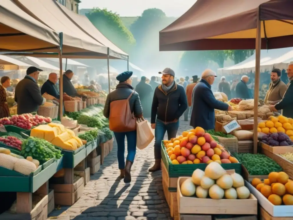 Un mercado francés bullicioso con productos orgánicos certificados y vendedores orgullosos