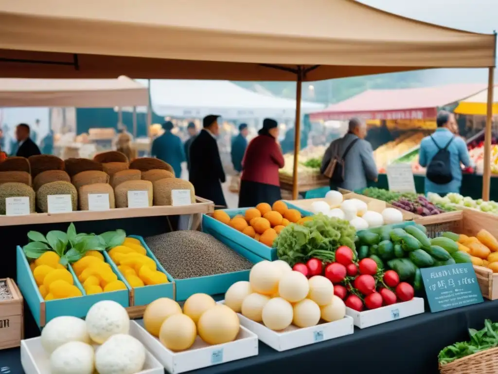 Un mercado francés bullicioso, con productos frescos, quesos artesanales y flores coloridas, reflejando la influencia cultural de la cocina francesa