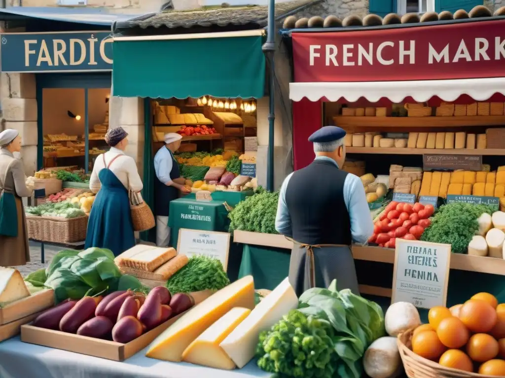 Un mercado francés bullicioso al amanecer, con productos frescos, quesos artesanales y baguettes, en un escenario encantador