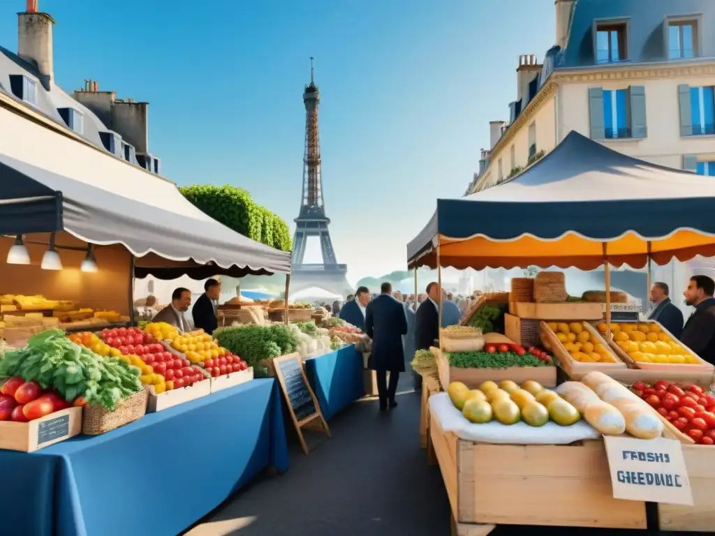 Un mercado francés bullicioso con productos frescos y la influencia cultural en la cocina francesa