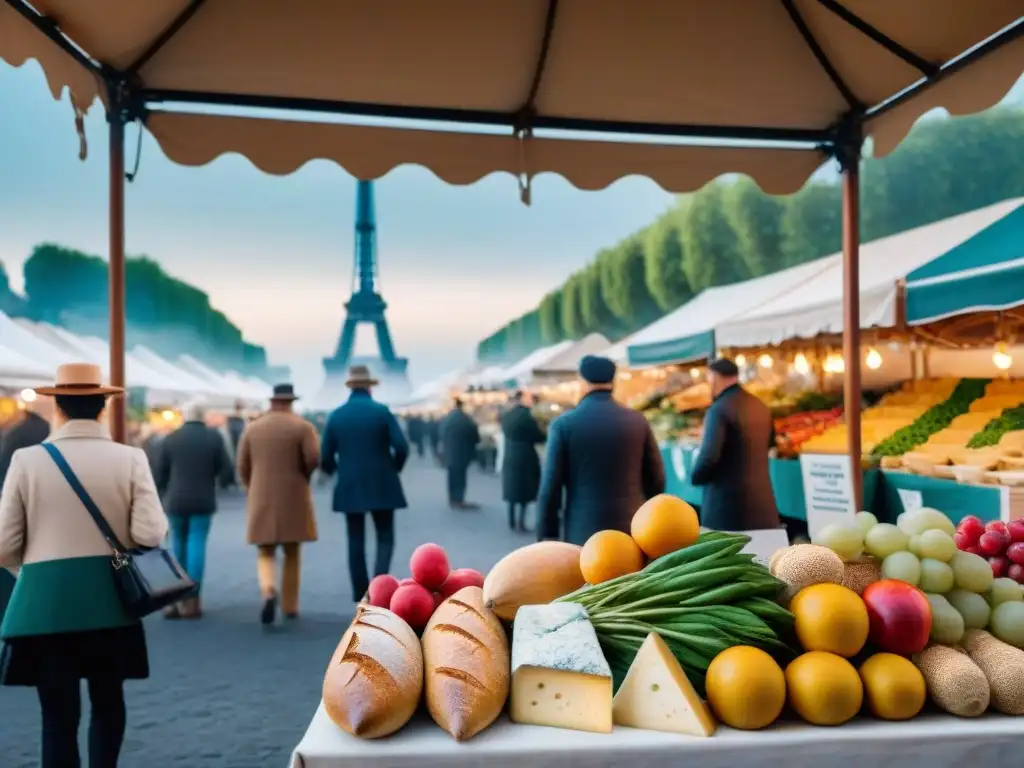 Un mercado francés bullicioso al amanecer con productos frescos y la icónica Torre Eiffel de fondo