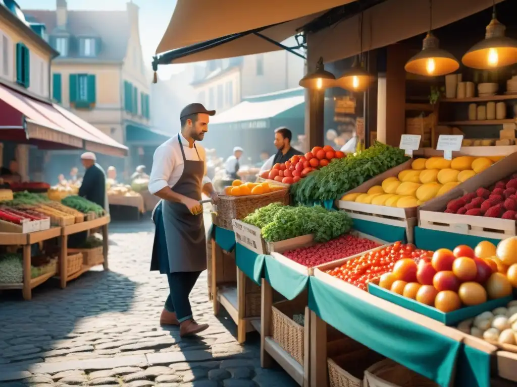 Un mercado francés bullicioso con productos frescos y chefs seleccionando ingredientes