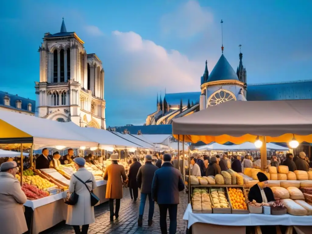 Un mercado francés bullicioso con productos frescos y la catedral de Notre Dame de fondo