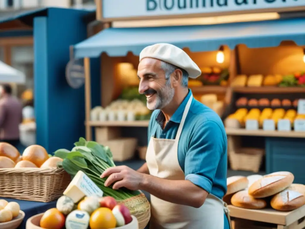 Mercado francés bullicioso con productos frescos, quesos artesanales y baguettes en una panadería