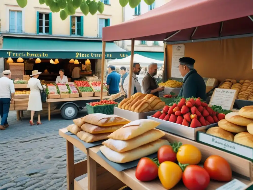 Un mercado francés bullicioso con puestos de frutas, verduras, quesos y una panadería con baguettes y croissants