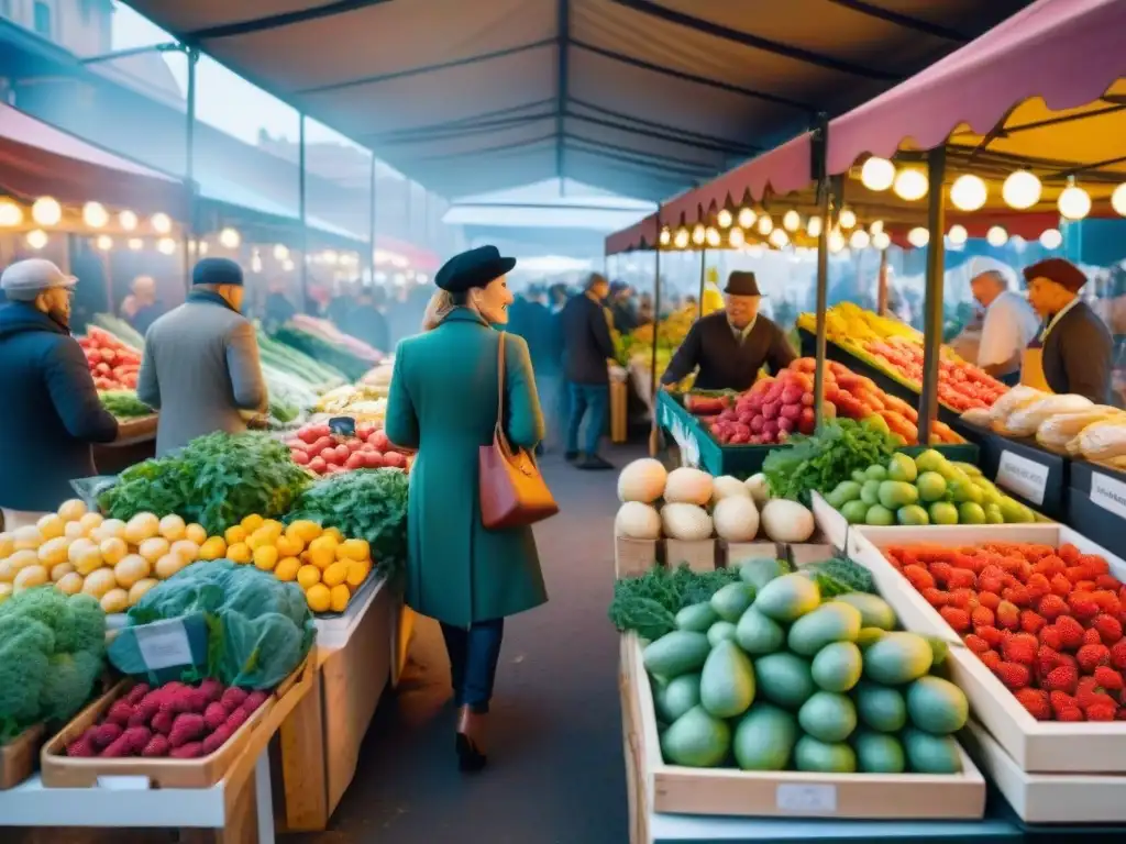 Mercado francés bullicioso con puestos coloridos de frutas, hierbas y quesos