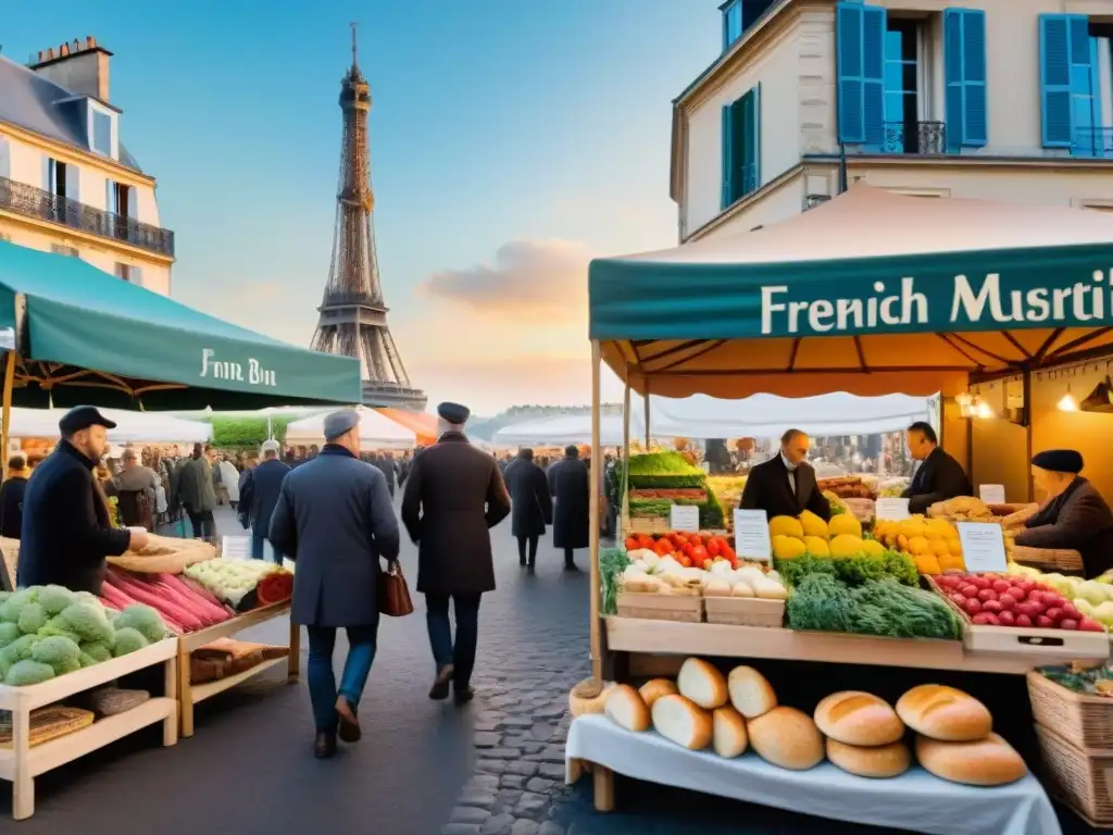 Mercado francés bullicioso al amanecer con puestos de comida coloridos