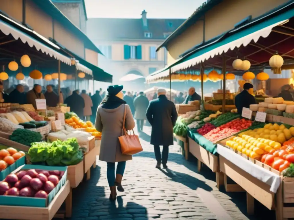 Un mercado francés bullicioso con puestos coloridos rebosantes de productos frescos, flores vibrantes y quesos artesanales