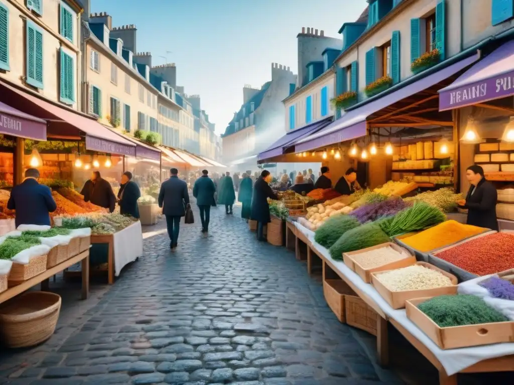 Un mercado francés bullicioso con puestos coloridos rebosantes de aromas de Francia en mercados