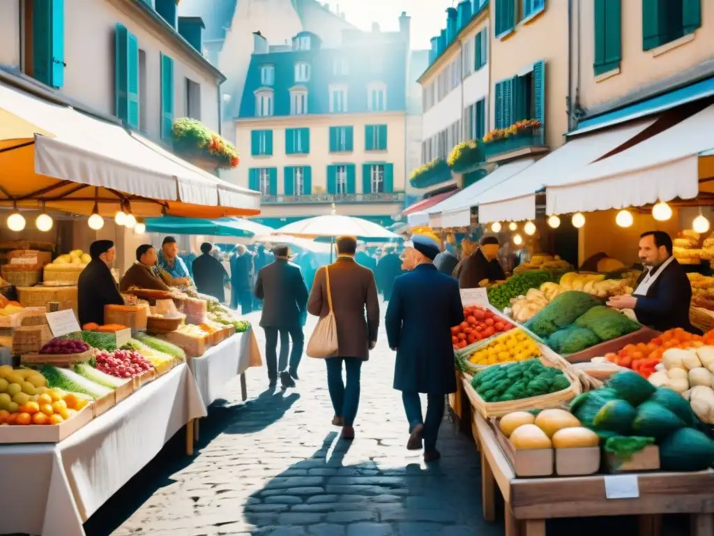 Un mercado francés bullicioso con puestos rebosantes de frutas, verduras, quesos y pan recién horneado