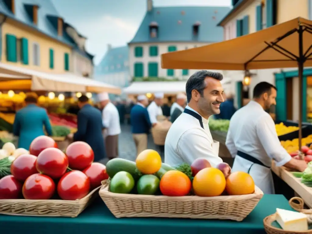 Un mercado francés bullicioso con puestos de productos frescos y chefs inspeccionando ingredientes