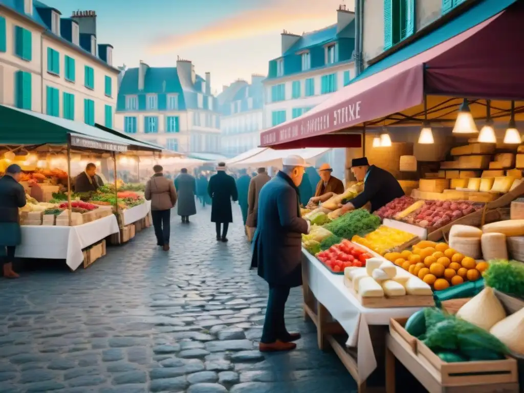 Mercado francés bullicioso con puestos de productos frescos, quesos artesanales y baguettes aromáticas