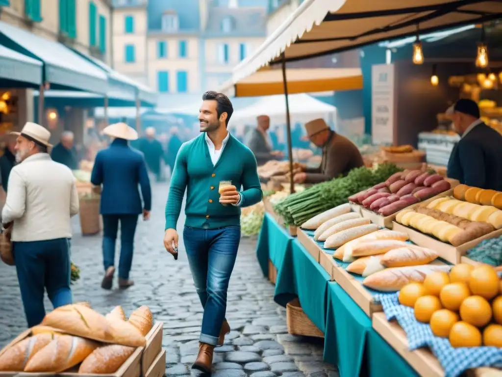 Un mercado francés bullicioso con puestos coloridos rebosantes de baguettes frescas, quesos, pasteles y productos vibrantes, enmarcado por calles empedradas con encantadores bistrós y cafés llenos de clientes disfrutando de la gastronomía francesa, fusionando recetas tradicion