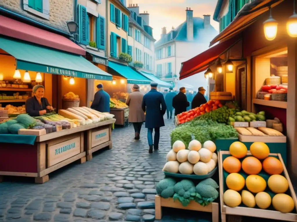 Un mercado francés bullicioso con puestos de productos frescos y locales, creando un ambiente culinario encantador