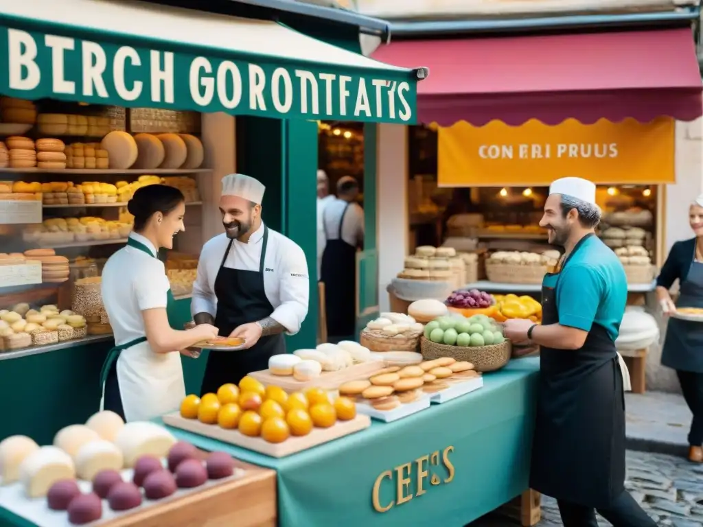 Un mercado francés bullicioso con puestos repletos de alimentos frescos y coloridos