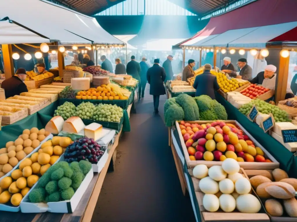 Un mercado francés bullicioso con puestos de frutas, quesos y baguettes