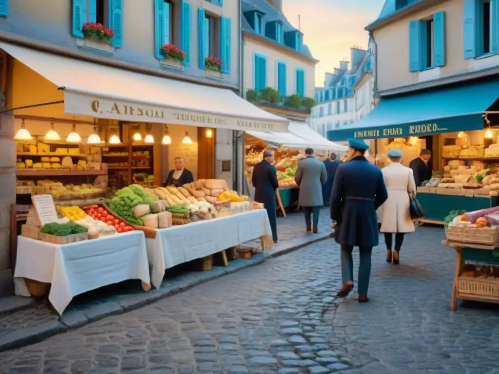 Un mercado francés bullicioso al amanecer con puestos de productos frescos y locales elegantes, ideal para 'Recetas fáciles cocina francesa'