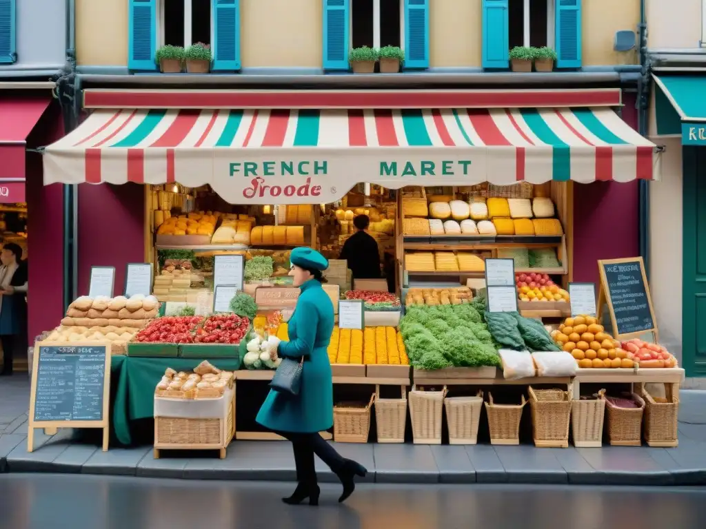 Un mercado francés bullicioso, con puestos de productos frescos y una boulangerie tradicional, fusionando gastronomía francesa tradicional y moderna