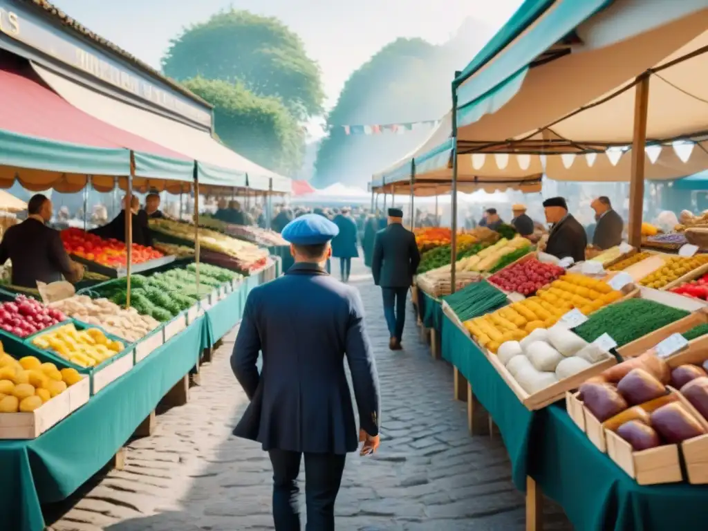 Un mercado francés bullicioso con puestos de frutas, verduras, quesos y baguettes