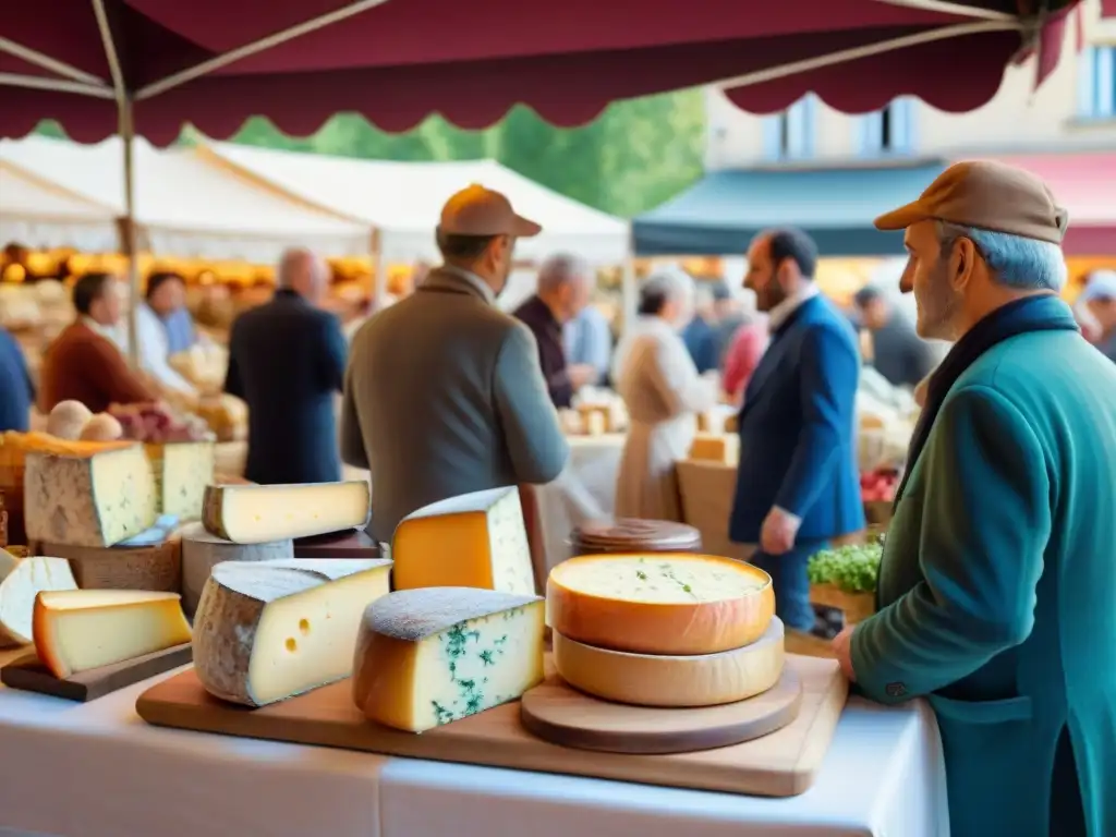 Un mercado francés bullicioso con puestos de quesos y vinos artesanales, gente diversa disfrutando de la riqueza gastronómica y cultural de Francia