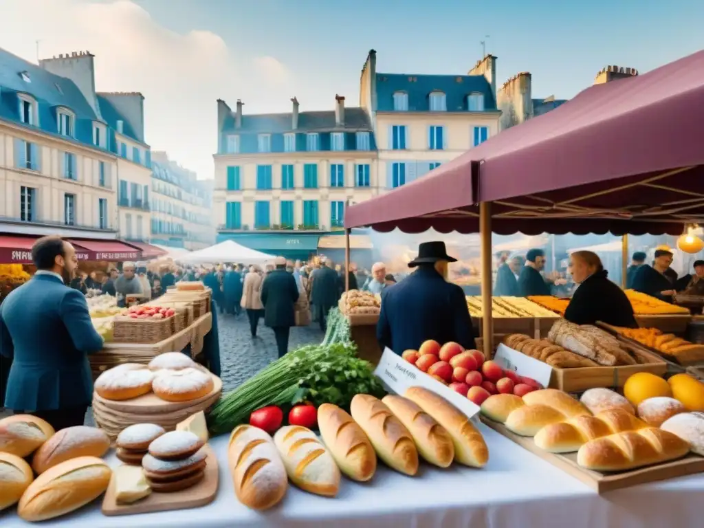 Un mercado francés bullicioso con puestos de baguettes, frutas, quesos y repostería