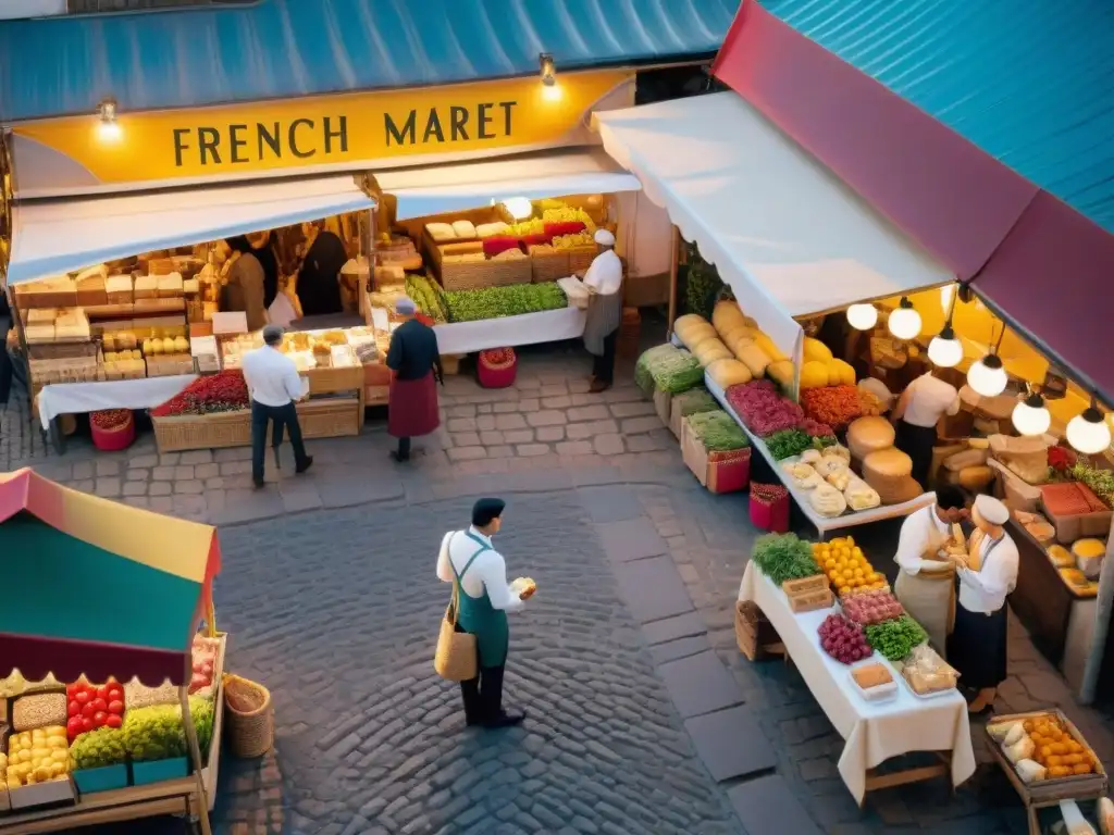 Un mercado francés bullicioso con puestos de productos coloridos, quesos artesanales y hierbas aromáticas