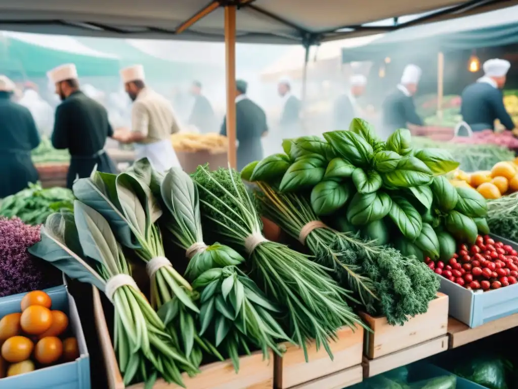 Un mercado francés bullicioso rebosante de hierbas y especias frescas, chefs inspeccionando ingredientes con gran algarabía