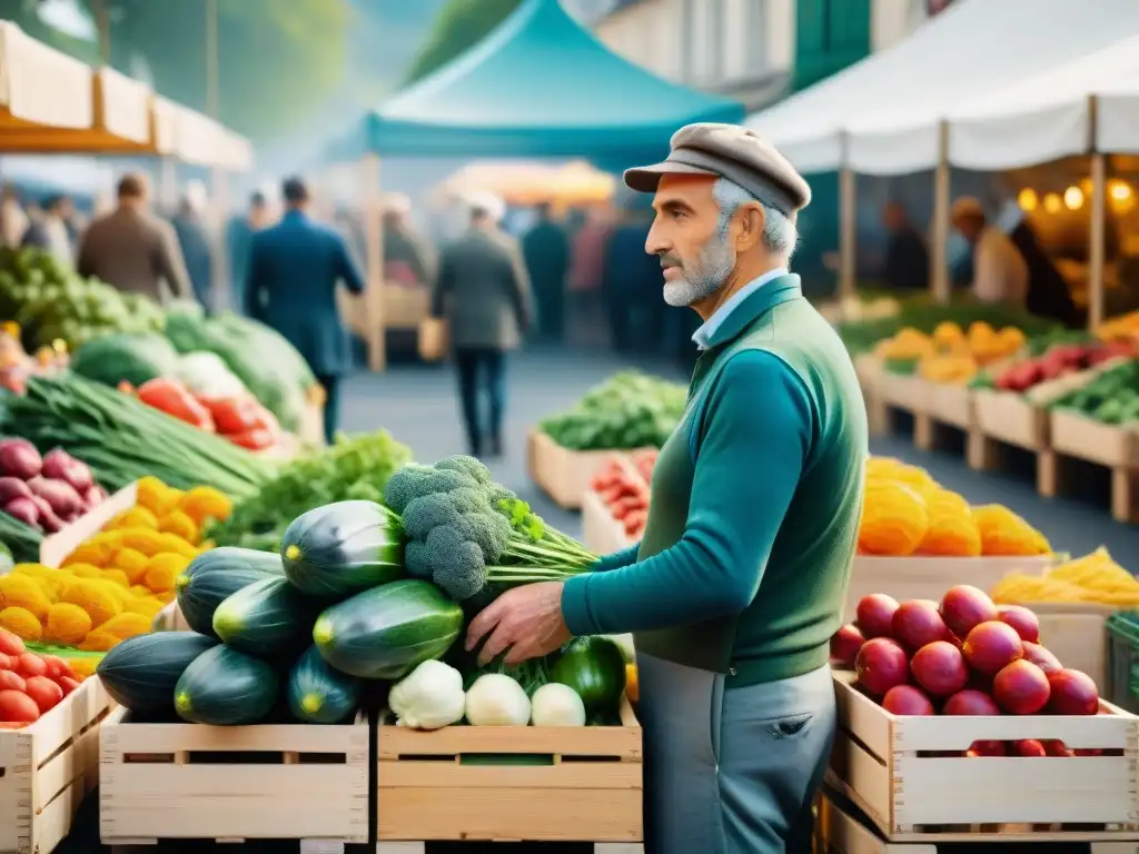 Un mercado francés bullicioso en una soleada mañana, con productos frescos y coloridos