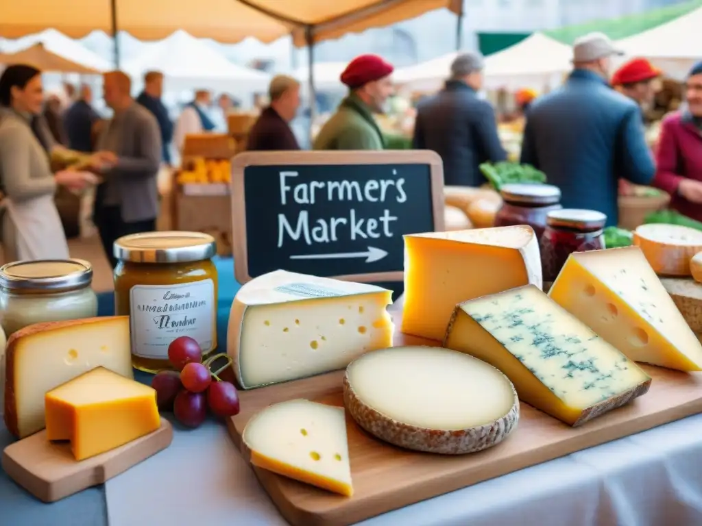 Un mercado francés bullicioso con variedad de Quesos franceses veganos deliciosos exhibidos en tablas de madera