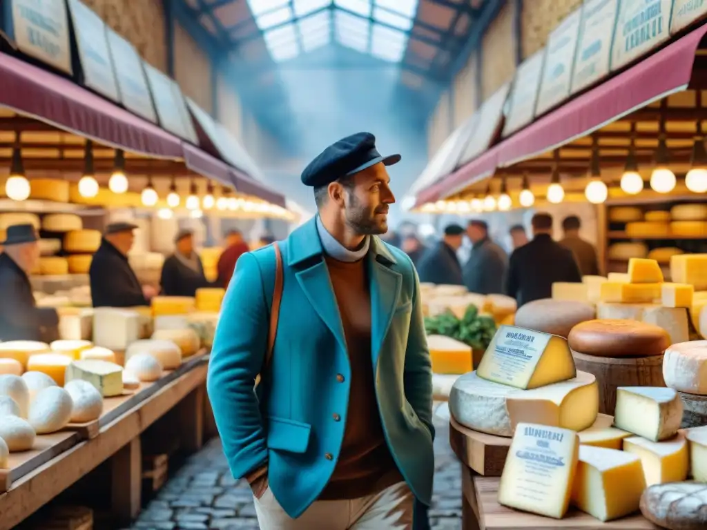 Un mercado francés bullicioso con una variedad de quesos artesanales como Camembert, Brie, Roquefort y Comté