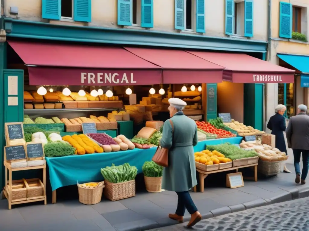 Un mercado francés bullicioso con vendedores y productos frescos, que evoca la esencia de la cultura culinaria francesa