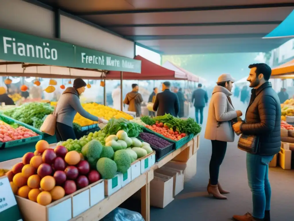 Mercado francés: clientes y vendedores sin plástico en interacción