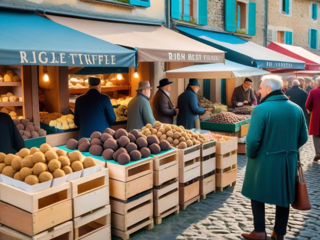 Un mercado francés concurrido en un pintoresco pueblo, donde se venden trufas frescas bajo sombrillas coloridas