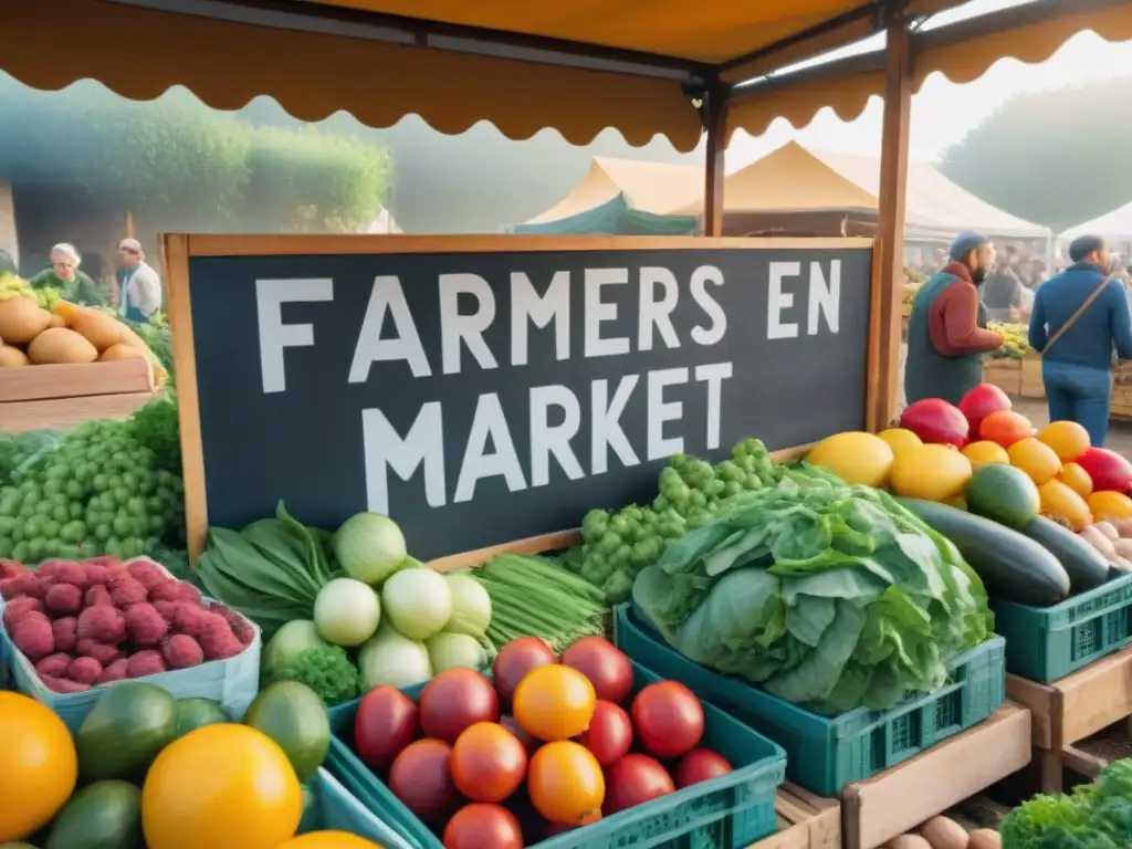 Un mercado francés en Borgoña muestra la esencia de la gastronomía sostenible en Francia con productos frescos y coloridos en puestos de madera