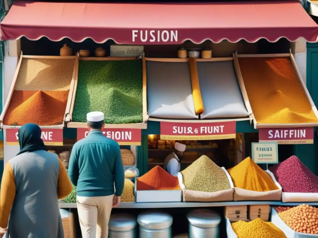 Mercado francés con influencia de ingredientes árabes en una vibrante escena multicultural