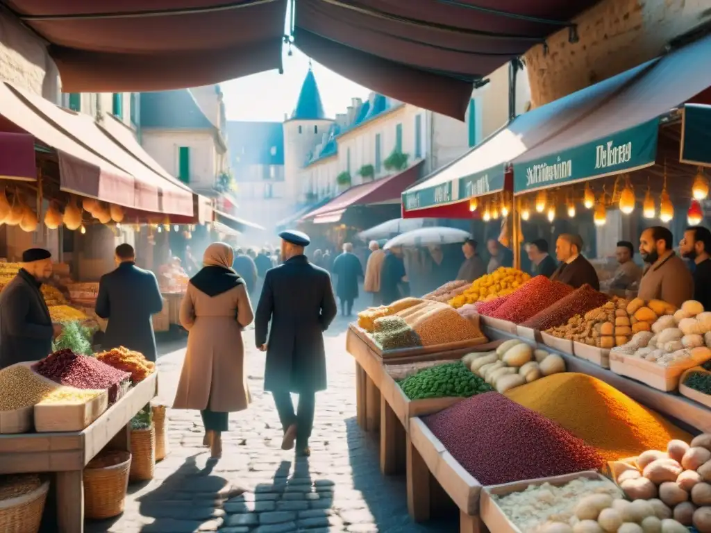 Mercado francés con influencia de ingredientes árabes en una fusión cultural vibrante