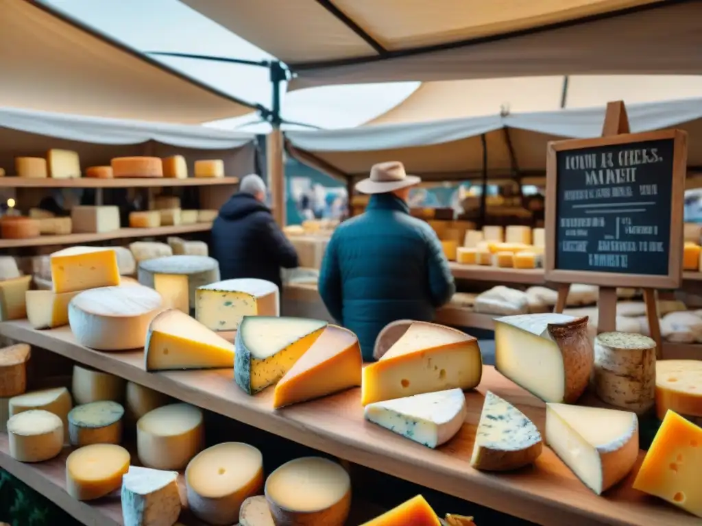 Un mercado francés lleno de vida con una variedad de quesos artesanales en exhibición