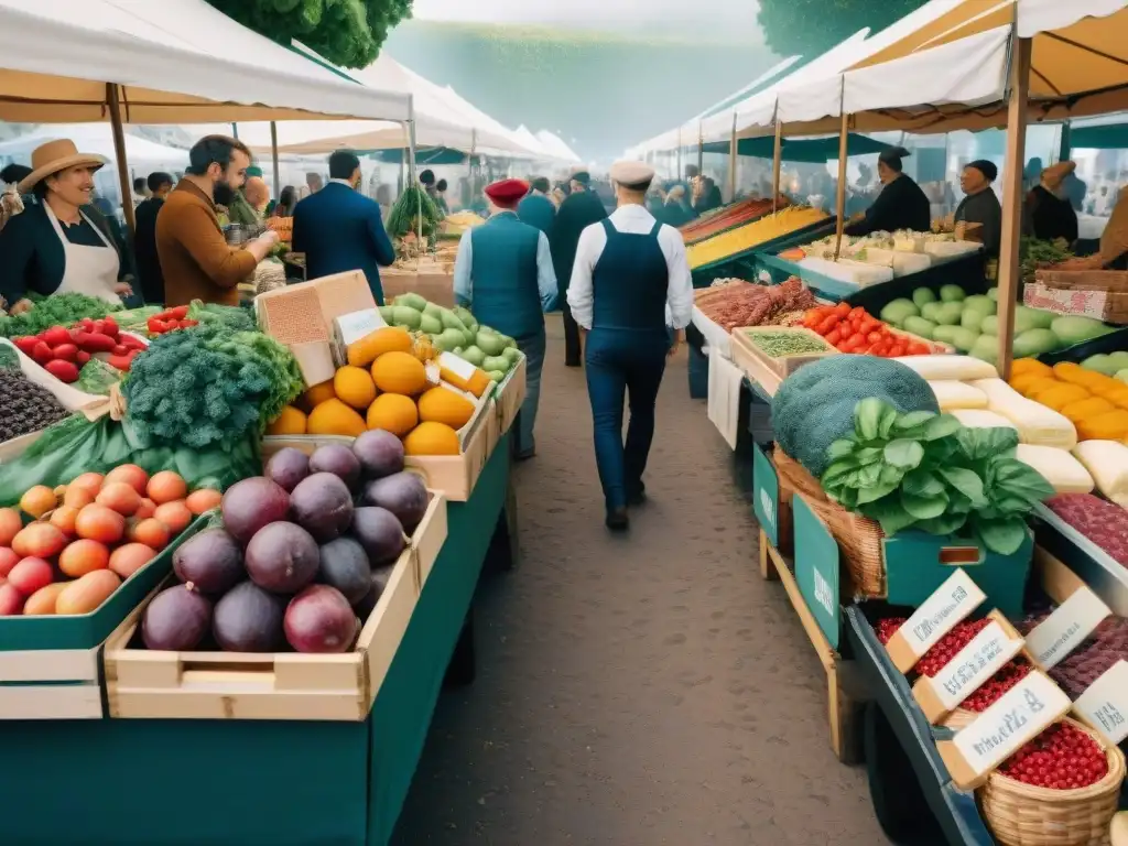 Un mercado francés lleno de vida y color, con puestos de frutas, quesos y embutidos veganos