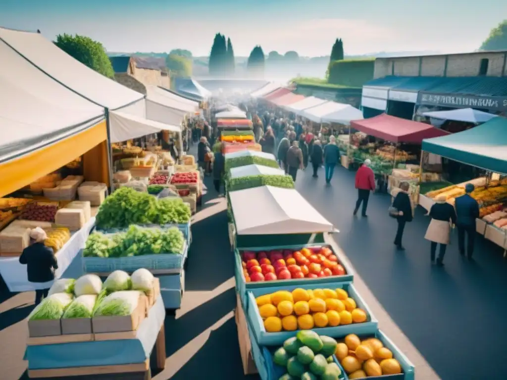 Un mercado francés lleno de vida, con puestos coloridos de productos frescos