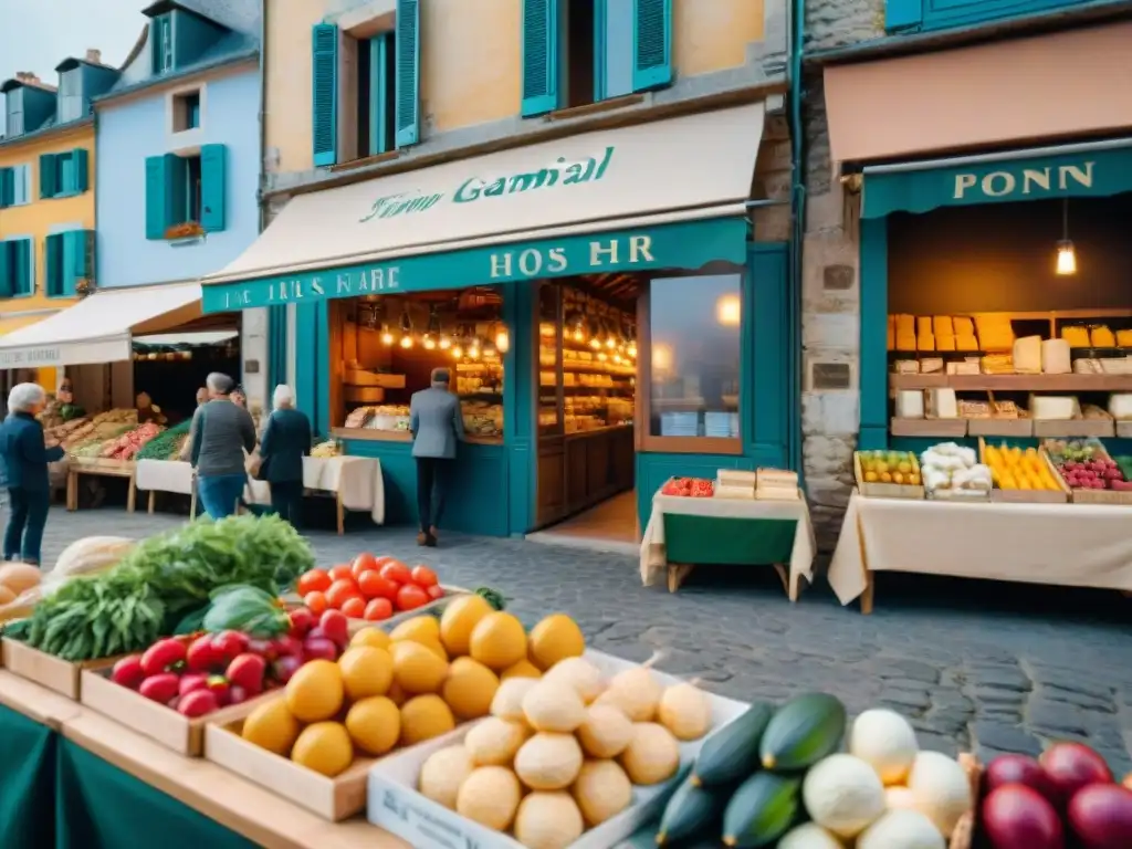 Un mercado francés lleno de vida, con productos frescos y locales disfrutando de la cultura culinaria francesa