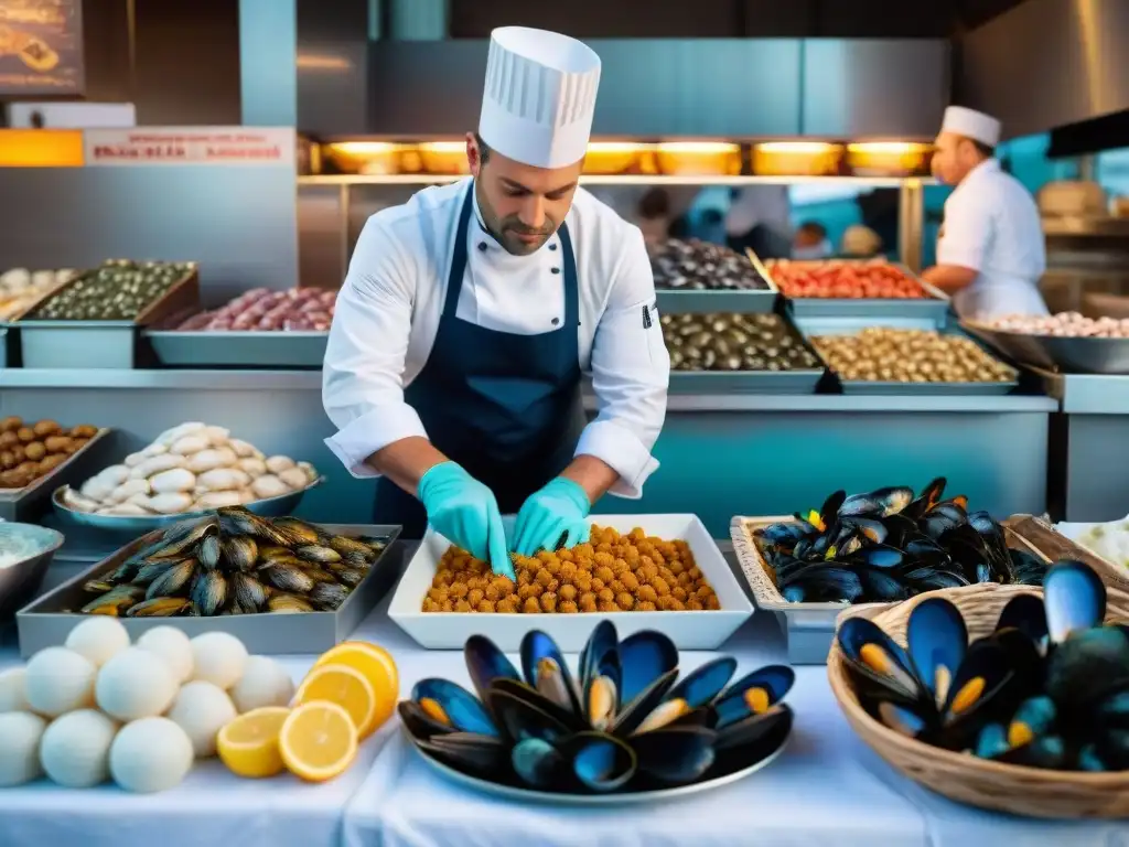 Un mercado francés lleno de vida con vendedores y clientes, moluscos frescos y un chef preparando exquisiteces marinas