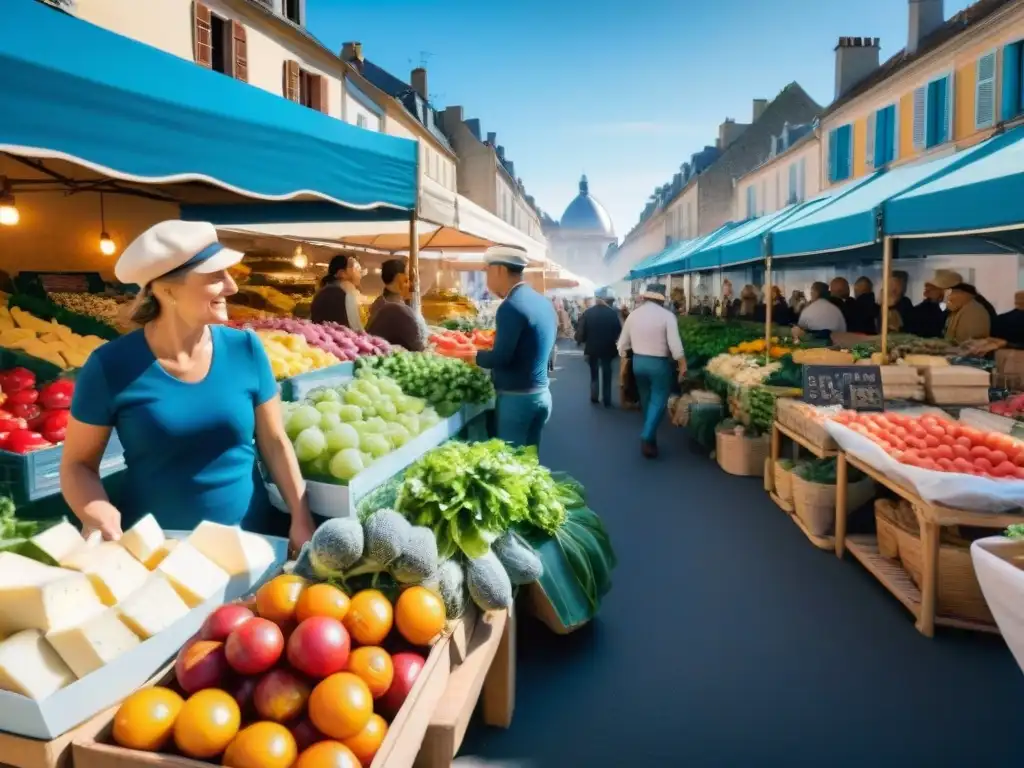 Mercado francés lleno de vida con productos frescos, flores coloridas y quesos artesanales bajo un cielo azul