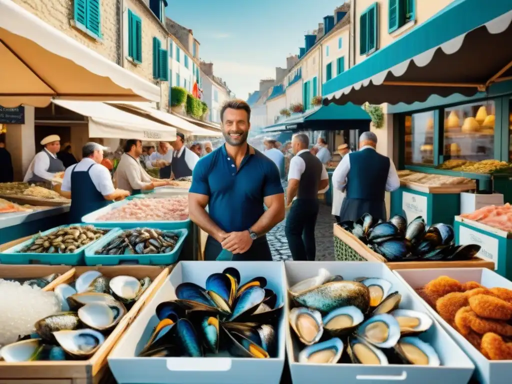 Un mercado francés de mariscos bullicioso, con una variedad fresca y colorida de mariscos mediterráneos en lechos de hielo