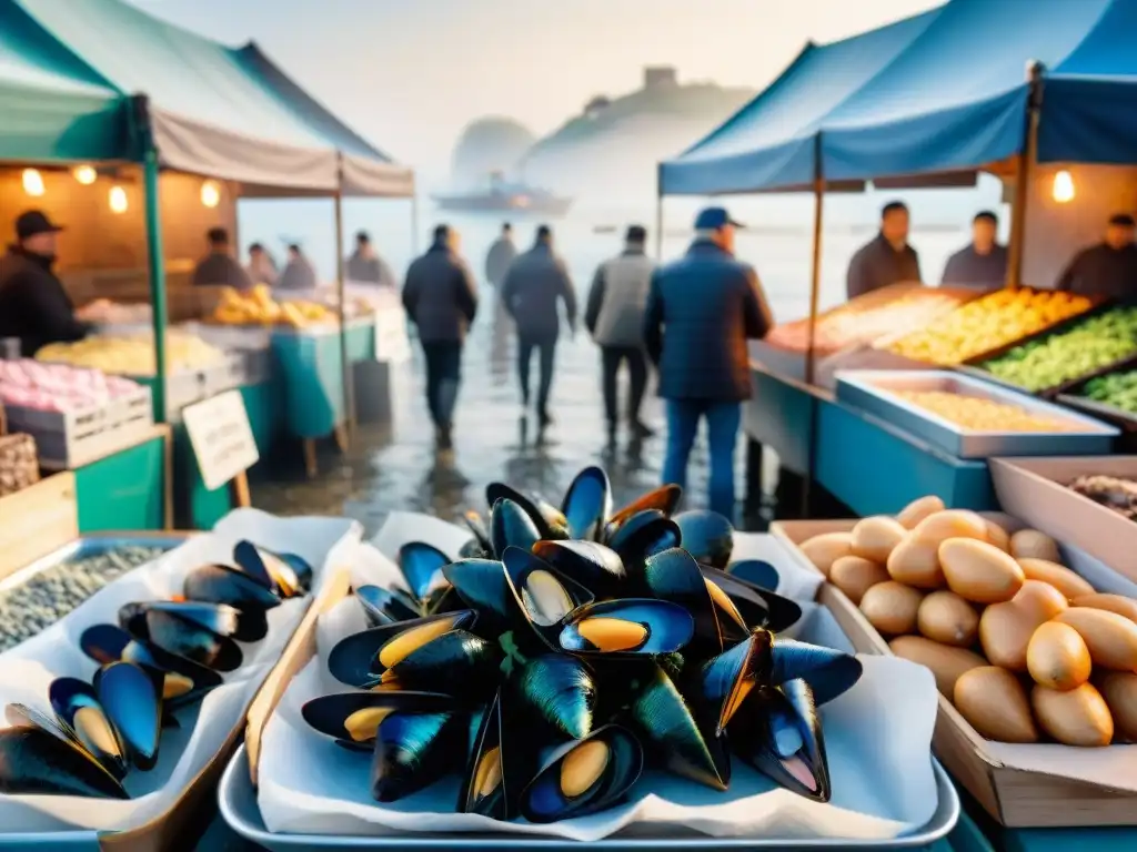 Mercado francés de mariscos frescos en la niebla Un mercado francés de mariscos en la niebla de la mañana con mejillones frescos en hielo