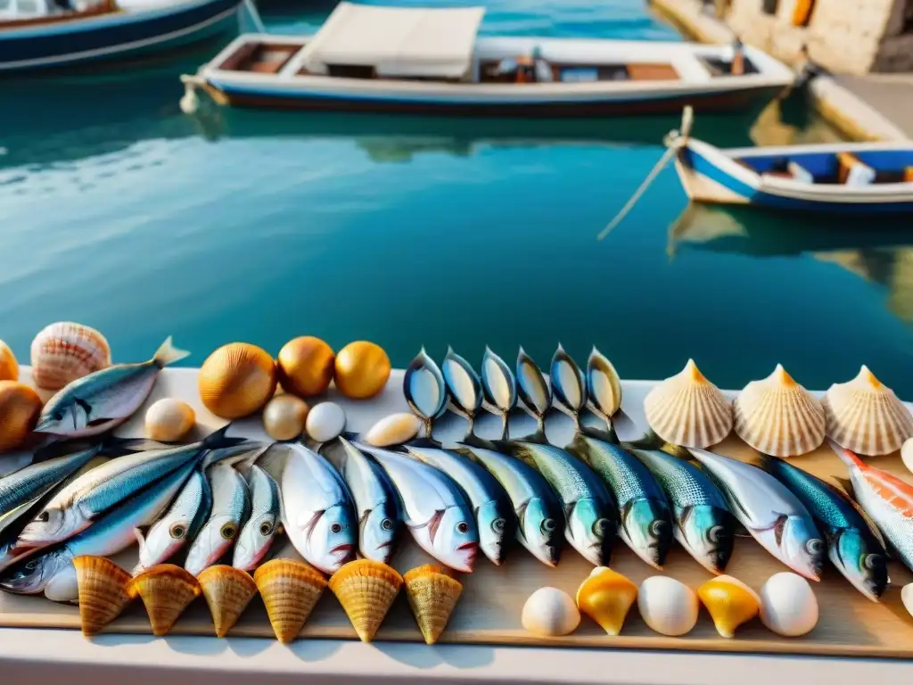 Mercado francés de mariscos con pescado fresco exhibido en hielo, en un animado pueblo costero provenzal