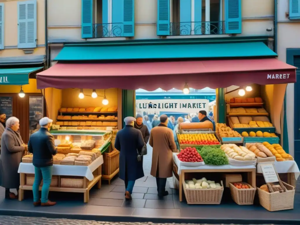 Mercado francés matutino lleno de vida con productos frescos y coloridos, una boulangerie y la Torre Eiffel al fondo